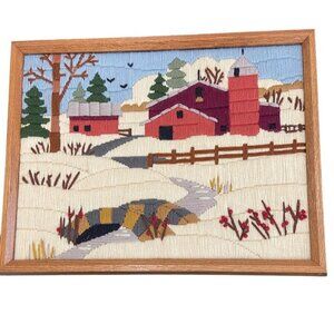 Vintage Handcrafted Farmhouse Winter Scene Handstitched Crewel Embroidery Art Fr
